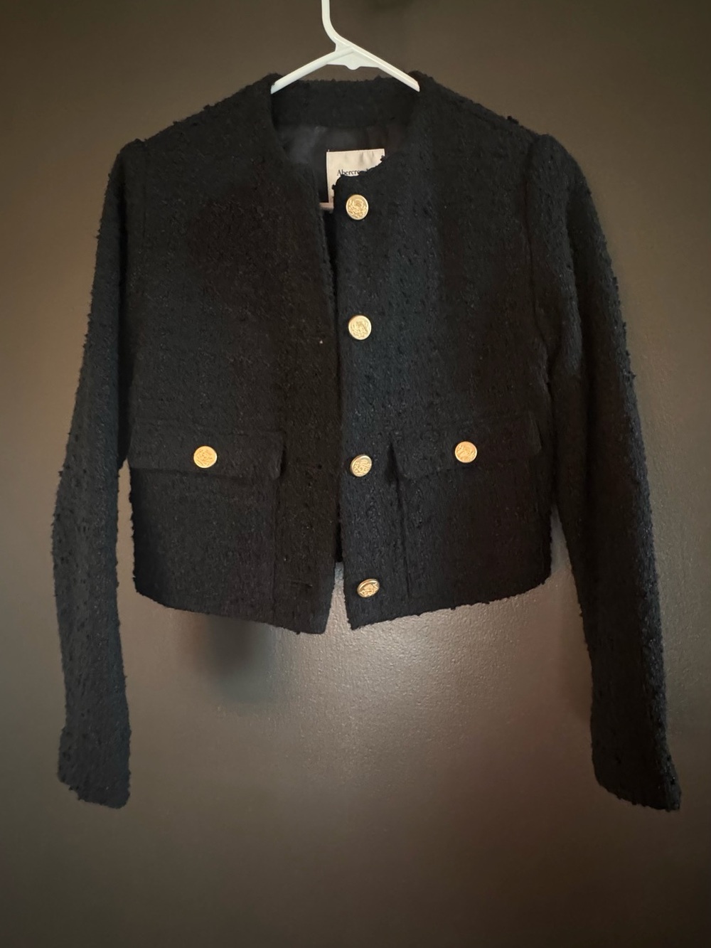 Abercrombie Black Cropped Bouclé Jacket with Gold Buttons